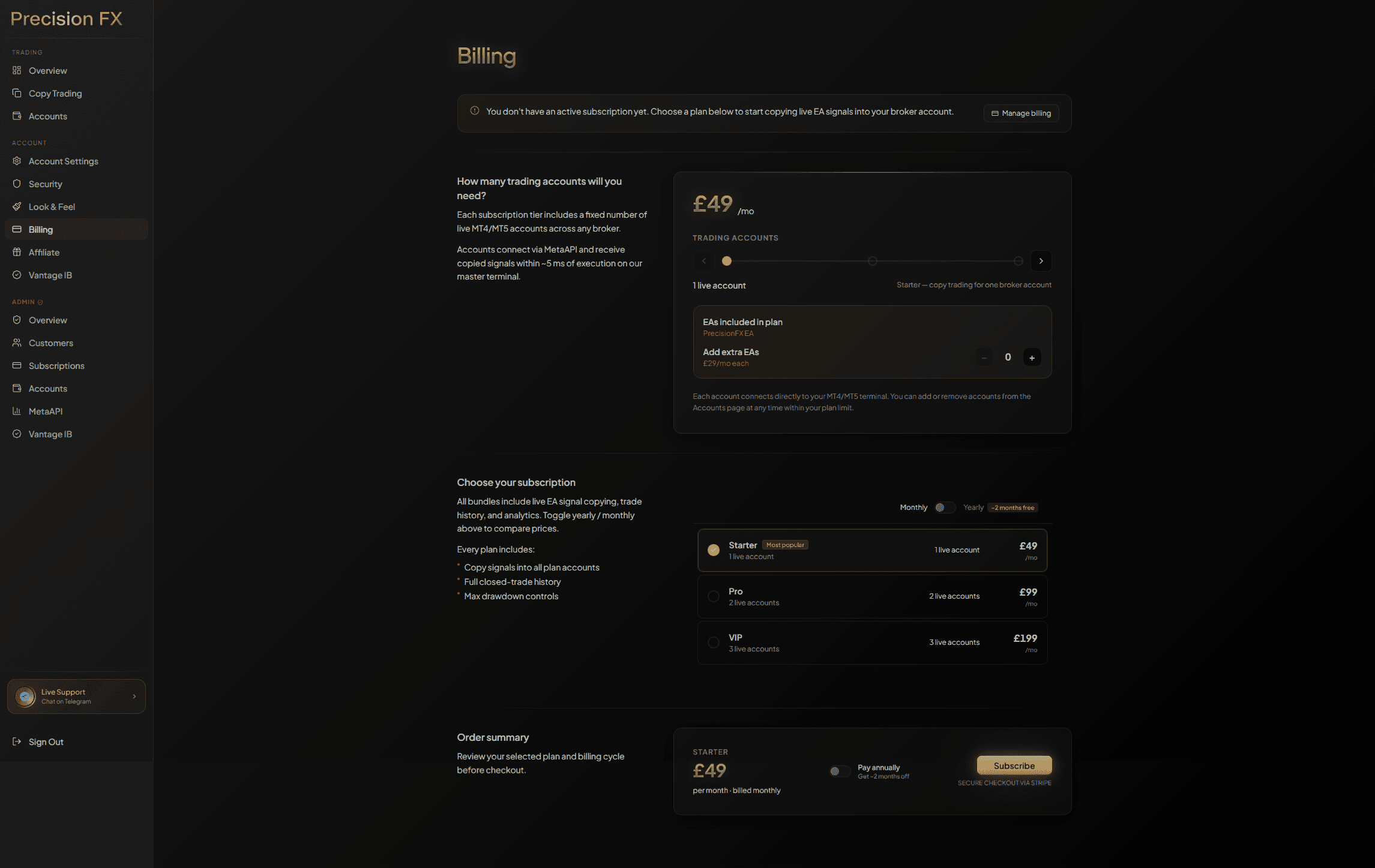 Dashboard billing page — active plan confirmation after payment