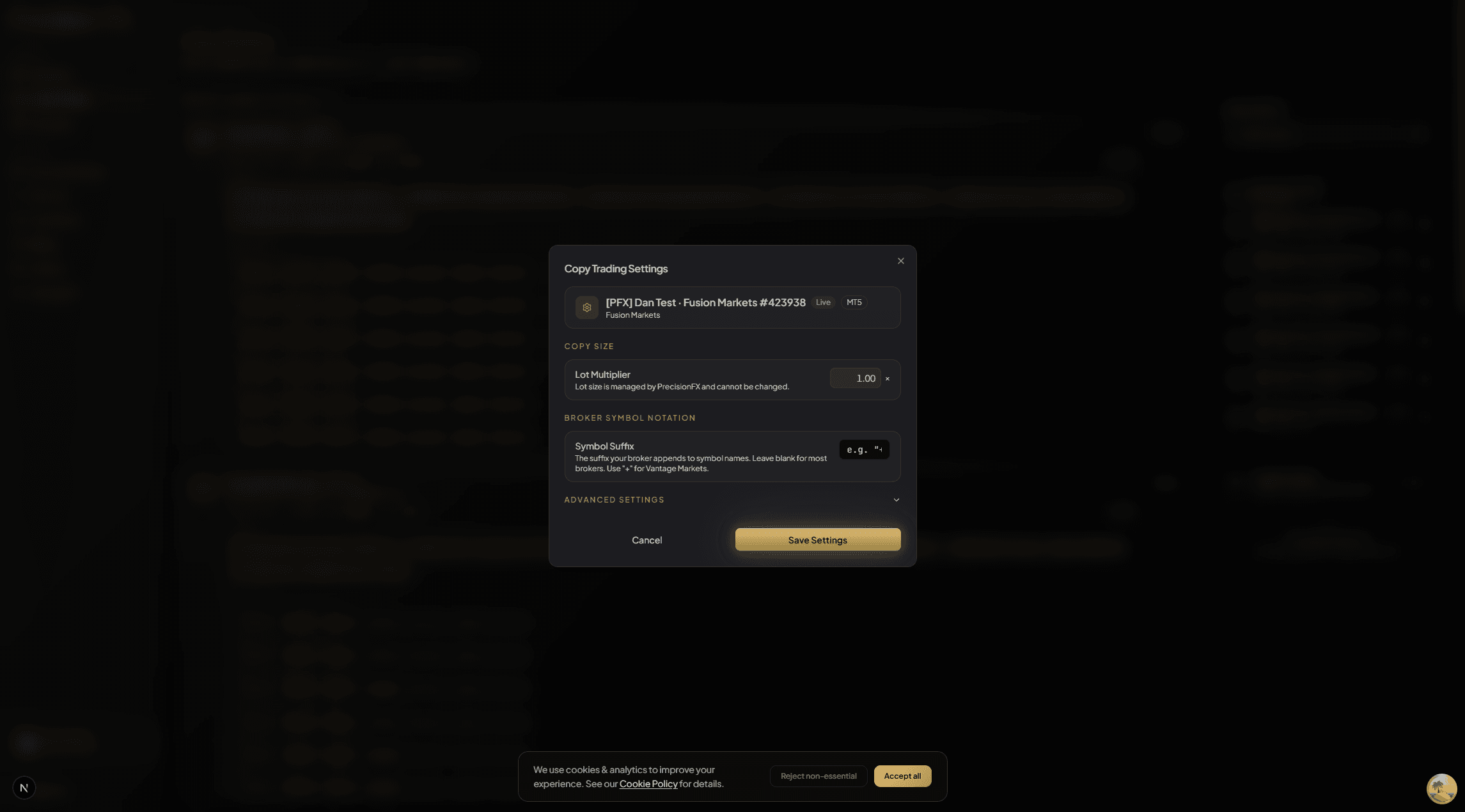 Copy Trading settings panel — lot multiplier slider and max drawdown input